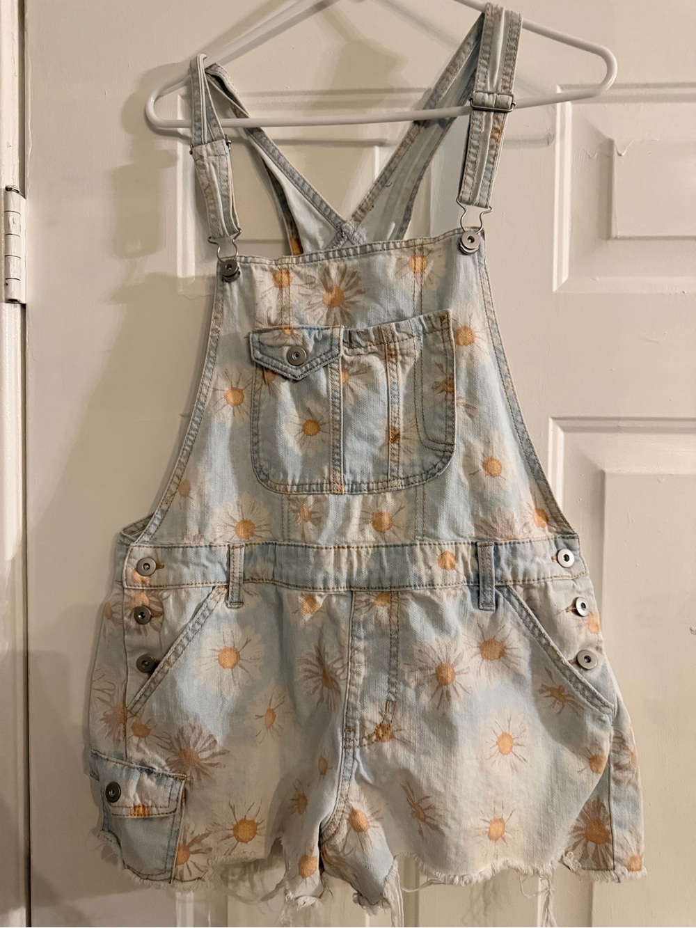 Light Blue Daisy-Print Denim Kids Shortalls, size large